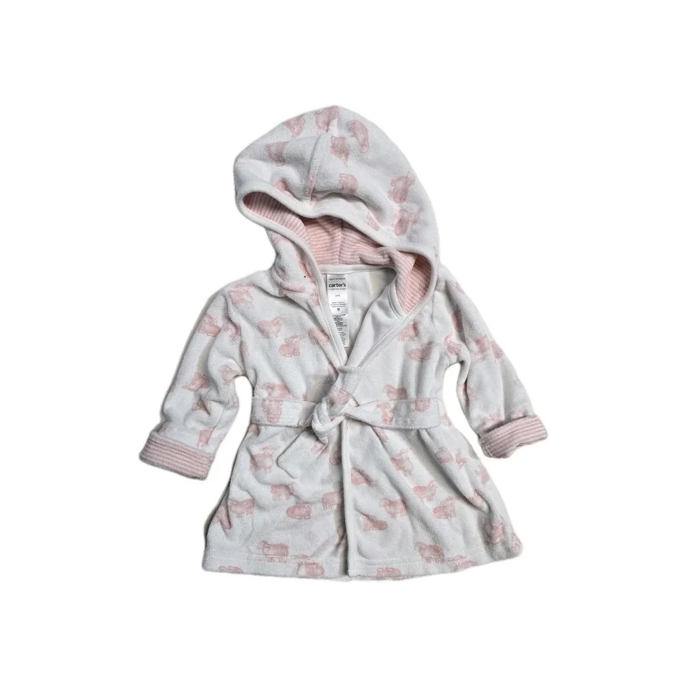 Carter's Baby Hoodie Robe Pink & White Sheep Lamb & Stripes Belt Tie 0-9 Months